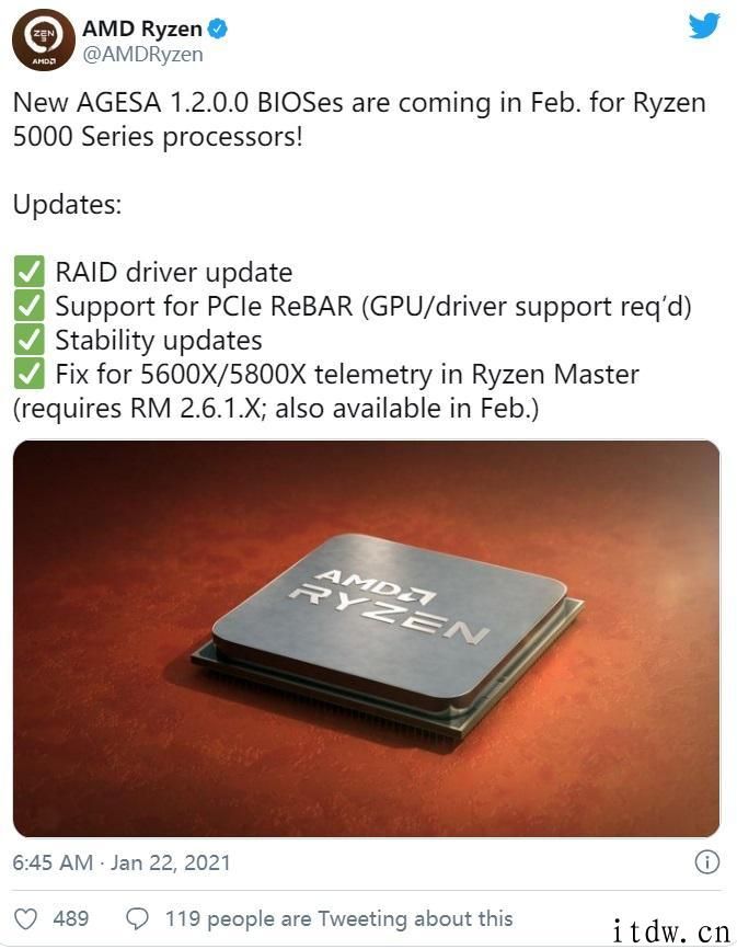 AMD 公布下一个月推出 AGESA 1.2.0.0 BIOS 升级：支持 PCIe Resizable BAR ，修复锐龙 5000 兼容问题