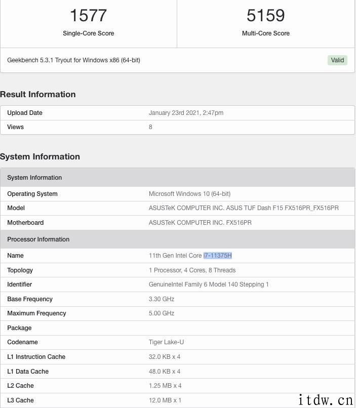 华硕天选 Air 现身 Geekbench：搭载 i7-11375H，睿频 5GHz