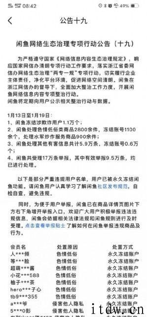 闲鱼：1 月 13 日至 1 月 19 日冻结涉欺诈用户 1.1 万只