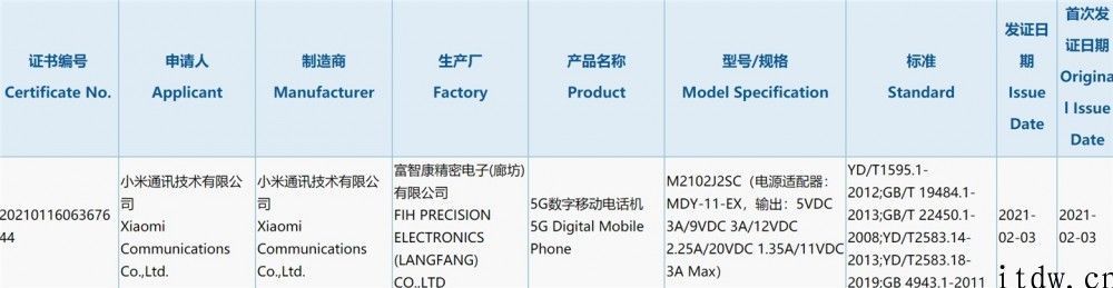 小米 10 新版本根据 3C 验证：配备 33W 充电头，或搭载骁龙 870