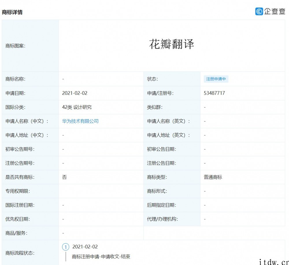 华为技术有限公司申请 “花瓣翻译”商标，属设计方案研究类