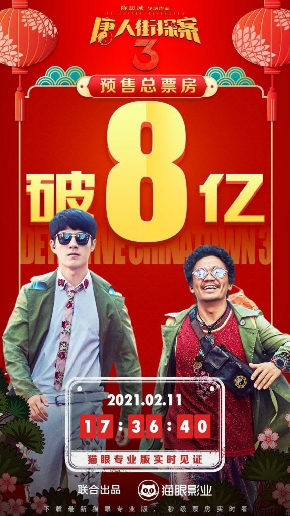 《唐人街探案 3》预售总票房达 8 亿人民币，创中国影史纪录