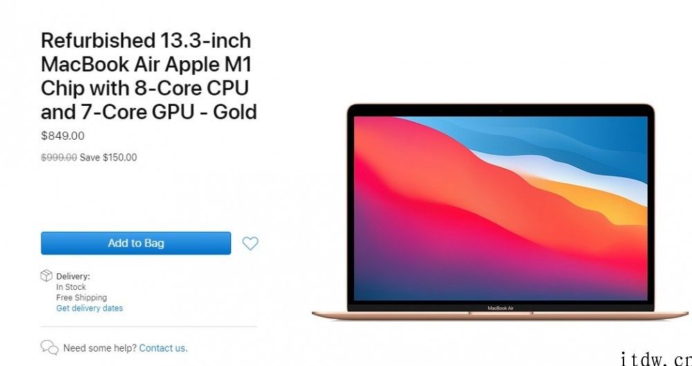 苹果国外开售 M1 MacBook Air 翻新版本，相比全新升级版本折扣近1000元