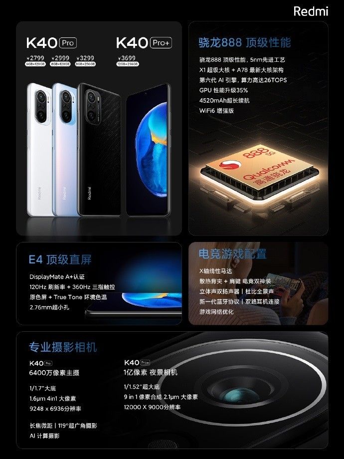 2799 元至 3699 元，Redmi K40 Pro/Pro  宣布公布：搭载骁龙处理器 888，E4 OLED 显示屏，一亿像素夜景照相机