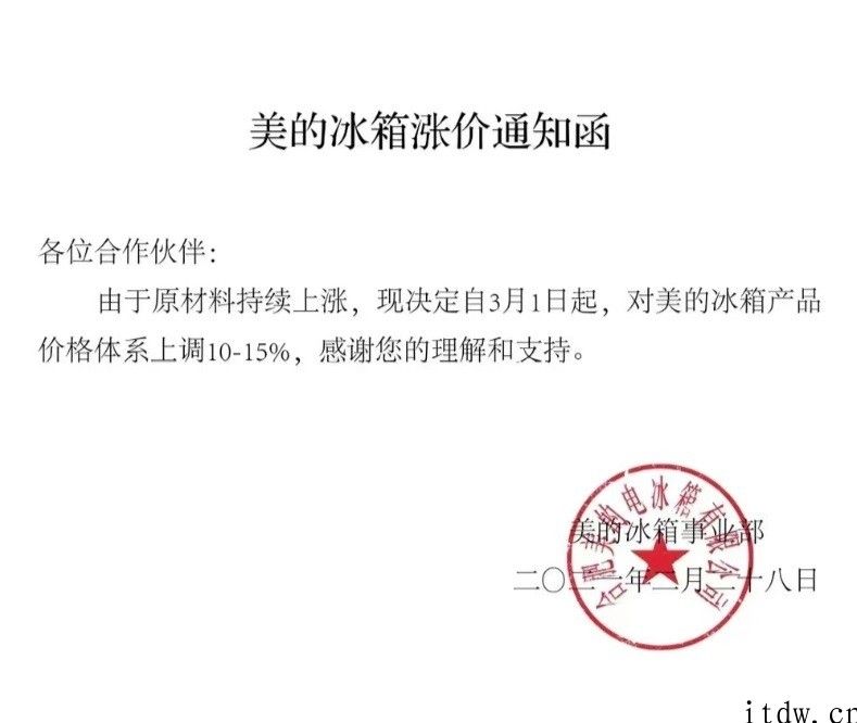 美的冰箱：自 3 月 1 日起，产品价格体系上调 10%-15%