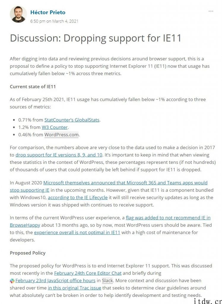 WordPress 考虑到放弃 IE11 支持，因其使用率不够 1%