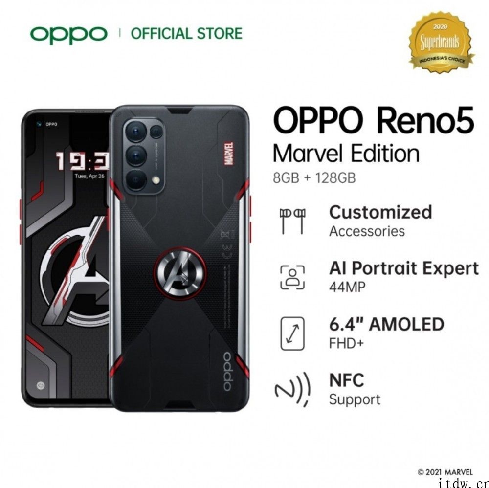 OPPO Reno5 4g 漫威限定版发布：手机上、手机耳机、取卡针整套定制，将于 3 月 15 日开售