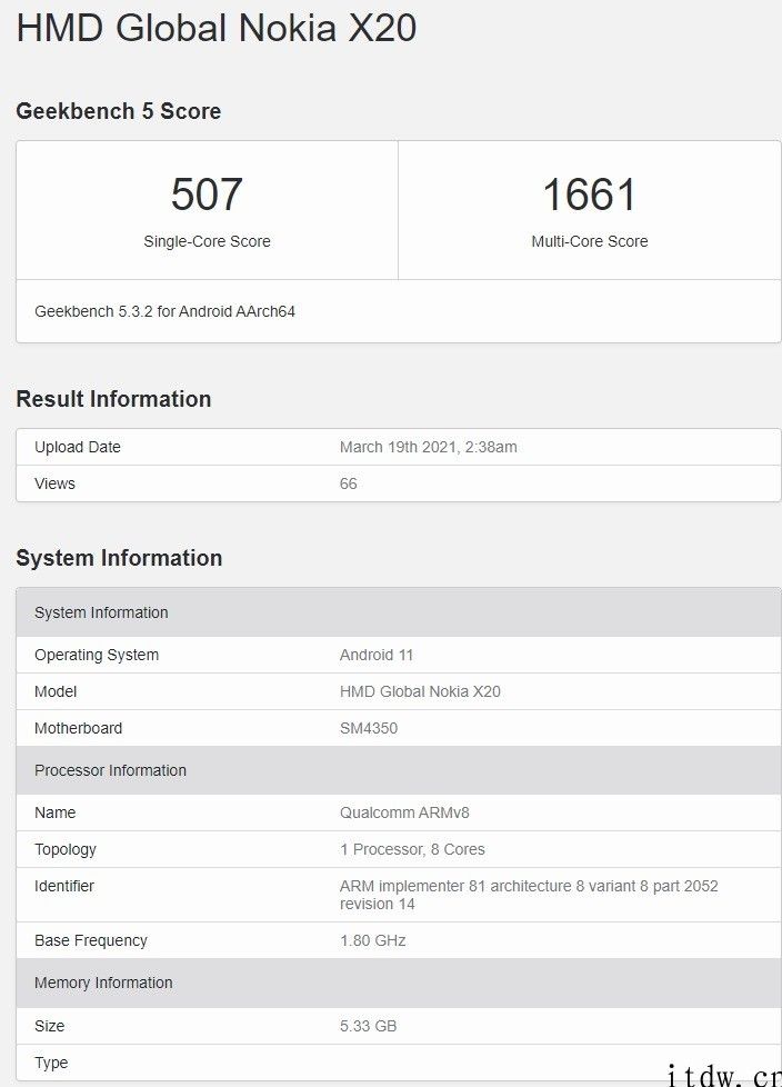 Nokia X20 现身 Geekbench：搭载骁龙 480 集成ic，6 128GB 版约 2700 元