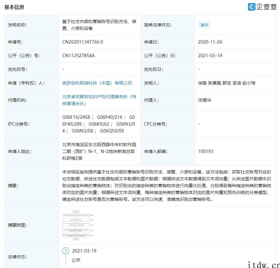 微博注册好几个专利，用于鉴别营销账户、刷量用户等