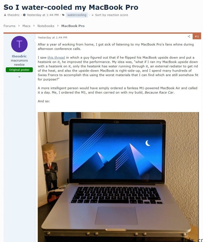 为了更好地给 MacBook Pro 散热，海外玩家 DIY 水冷模块：跑分提升显著