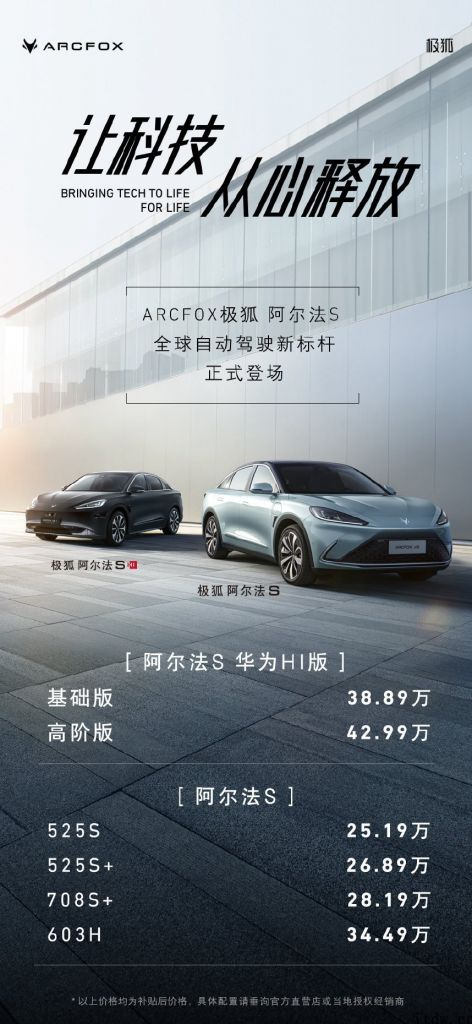 北汽汽车极狐阿尔法 S 纯电轿车发布:搭载华为公司自动驾驶系统软件,25.19 万余元起