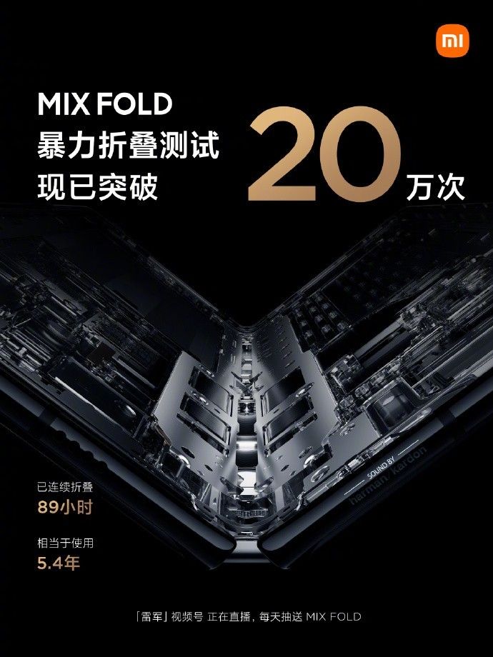 小米 MIX FOLD 暴力折叠检测已经突破 20 千次，已持续折叠 89 个小时