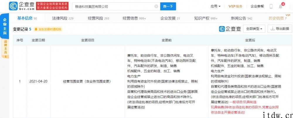 电动车企业雅迪高新科技新增“玩具制造”经营范围