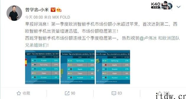 小米集团公司副总裁曾学忠：一季度欧洲地区智能手机市场份额小米超出iPhone