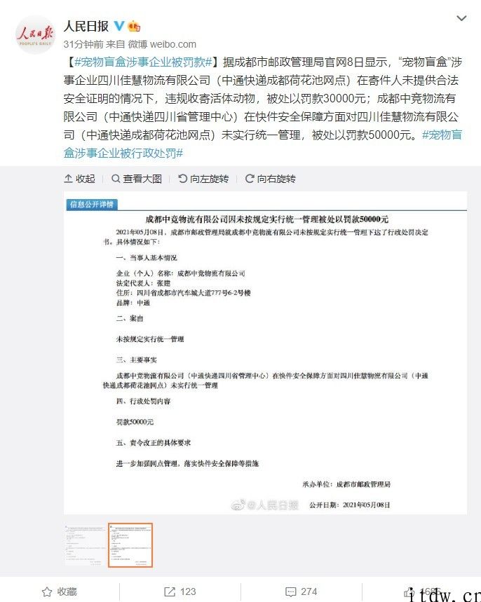 “宠物盲盒”涉事公司中通快递被罚款 80000 元