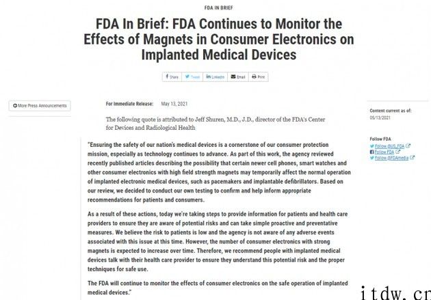 美 FDA：iPhone 12 和 MagSafe 对植入心脏起搏器的患者的风险很低