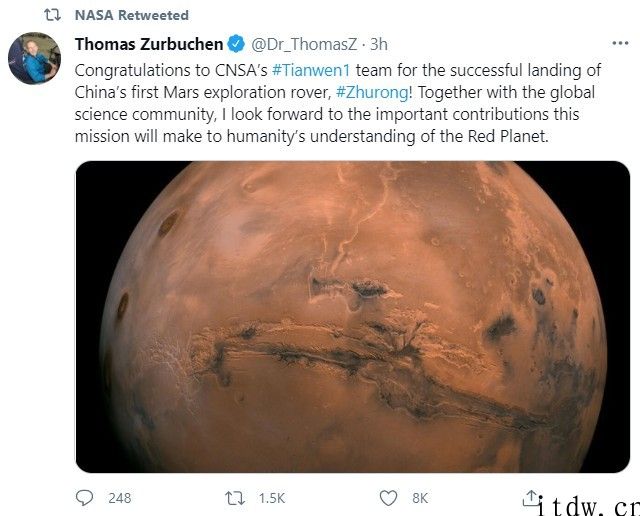 在我国“天问一号”取得成功着陆火星，NASA：恭贺