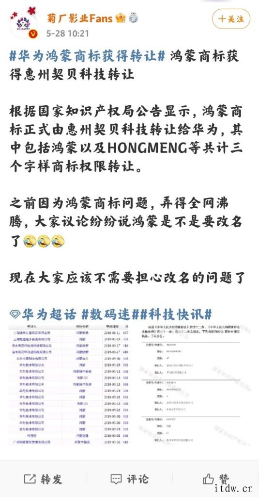 华为鸿蒙商标获得惠州契贝科技转让