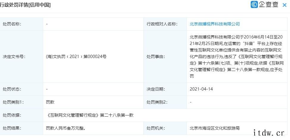 北京微播视界科技有限公司被北京市文化和旅游局行政处罚