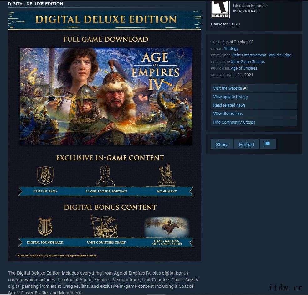 微软 RTS 新作《帝国时代 4》Steam 页面曝光:八大