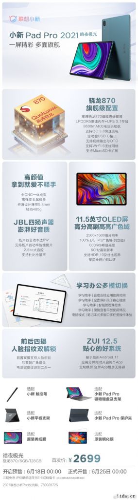 一图看懂联想小新 Pad Pro 2021 暗夜极光版:骁龙