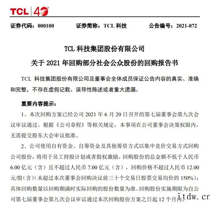 TCL 科技推出近 7 亿元股份回购,拟用于员工持股计划