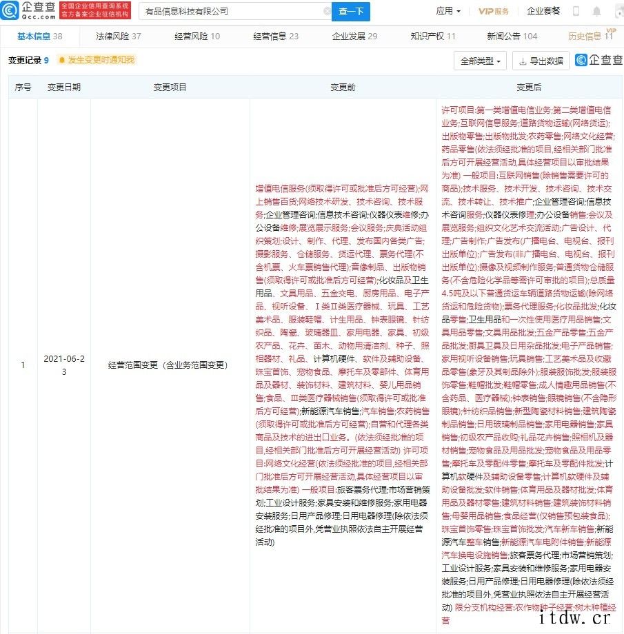 小米有品关联公司经营范围变更:新增新能源汽车换电设施销售