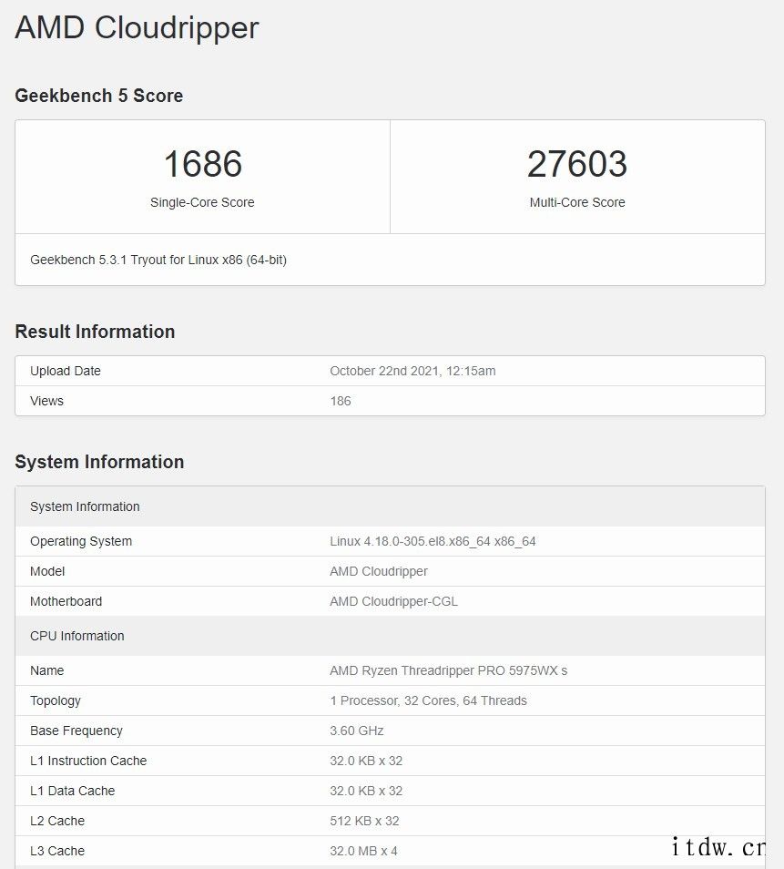 AMD 线程撕裂者 Pro 5975WX CPU 跑分曝光: