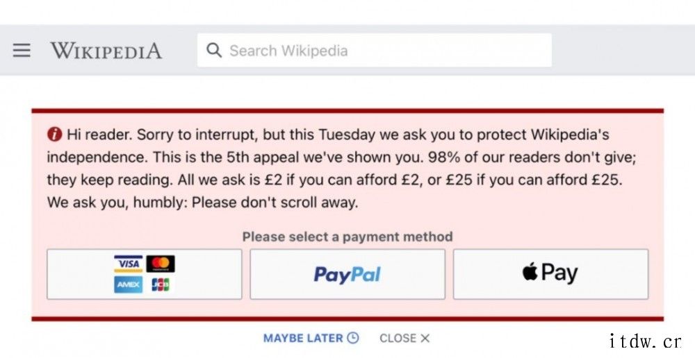维基百科新增接受苹果 Apple Pay 渠道捐款