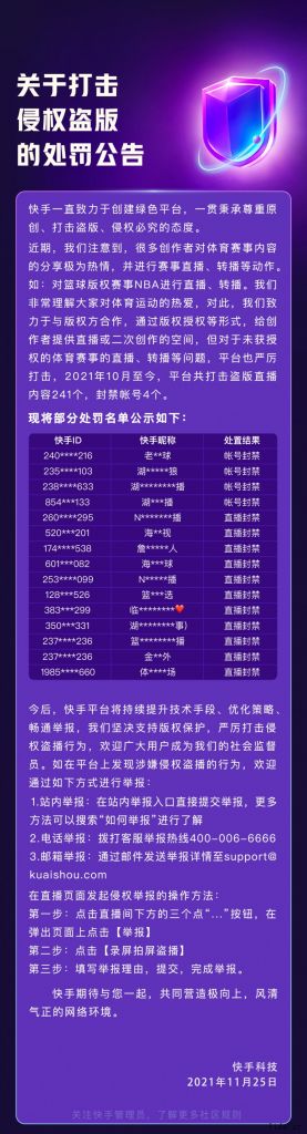 有用户直播、转播未获授权的体育赛事,快手发公告打击侵权盗版