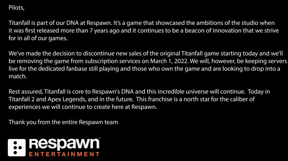 EA《泰坦陨落》初代永久停售,将保留在线游戏服务器