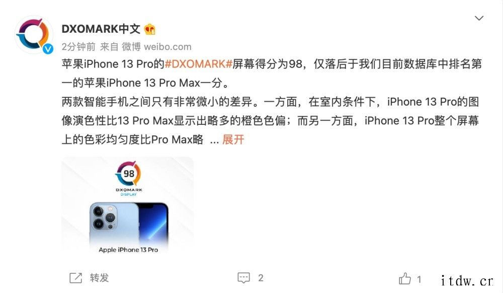 苹果 iPhone 13 Pro DXOMARK 屏幕得分