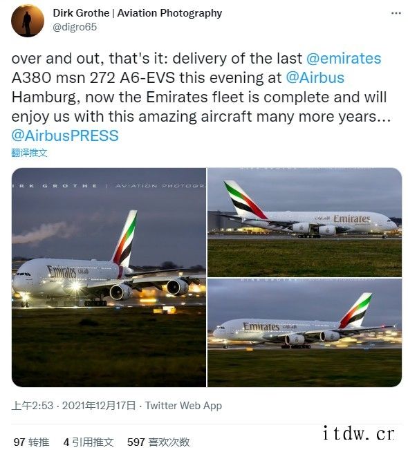 最后一架空客 A380 完成交付,此后停产再无“空中霸王”: