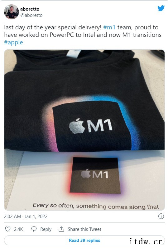 苹果向工程师赠送“Apple M1”特殊 T 恤,庆祝 Si