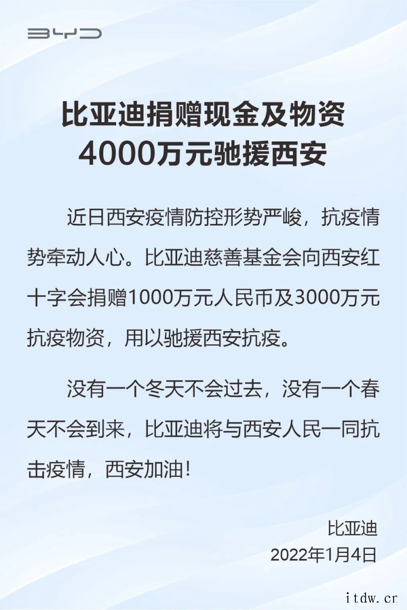 比亚迪:捐赠现金及物资 4000 万元驰援西安