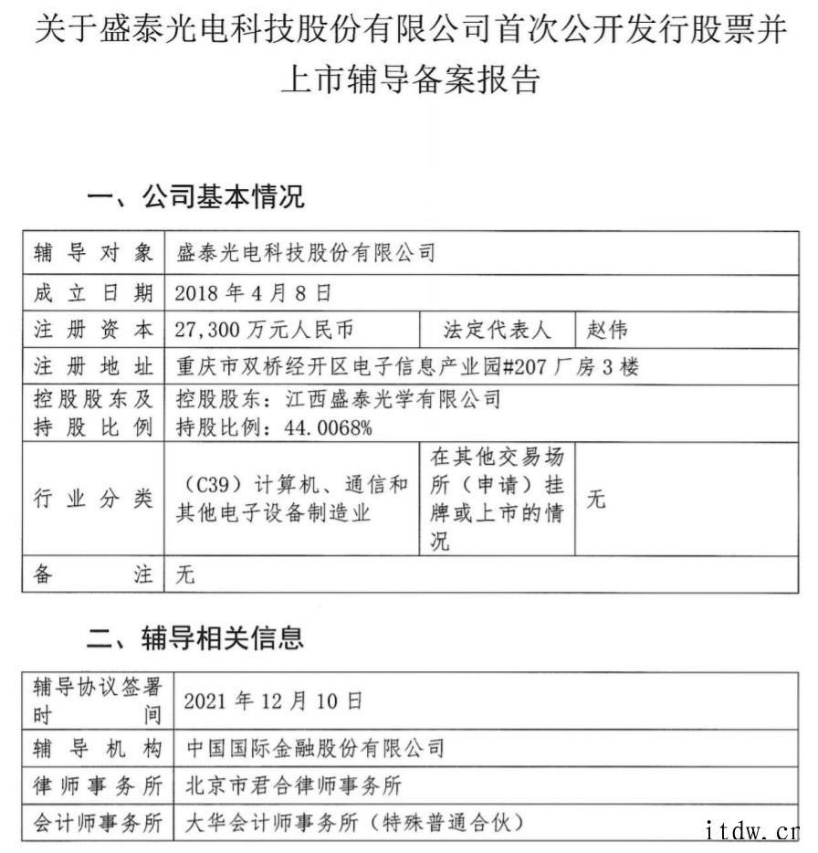 摄像头模组供应商盛泰光电开启 A 股 IPO 冲刺