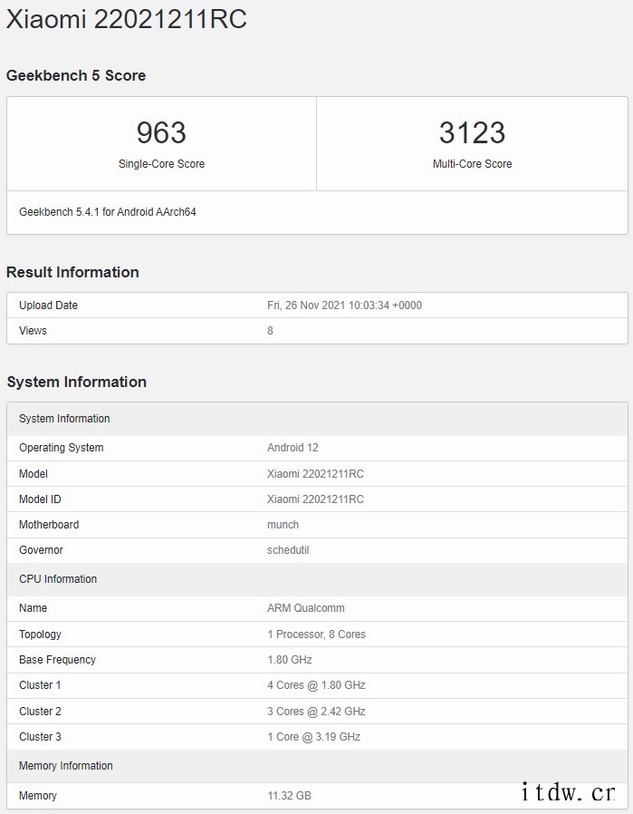 小米 Redmi K50 标准版 GeekBench 5 跑