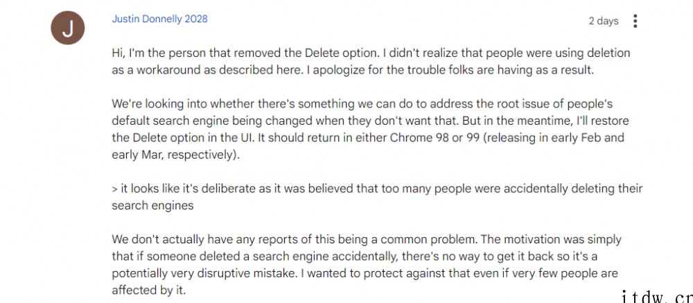 谷歌 Chrome 97 浏览器无法删除默认搜索引擎,引发用