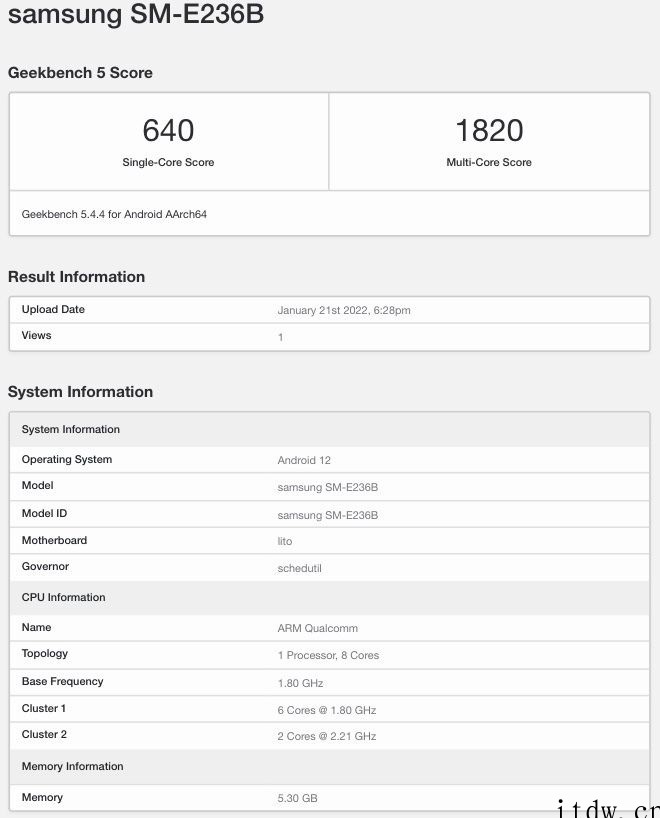 三星Galaxy F23 5G 现身 Geekbench:搭