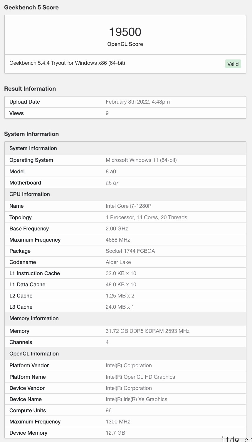 英特尔 i7-1280P 核显跑分出炉,LPDDR5