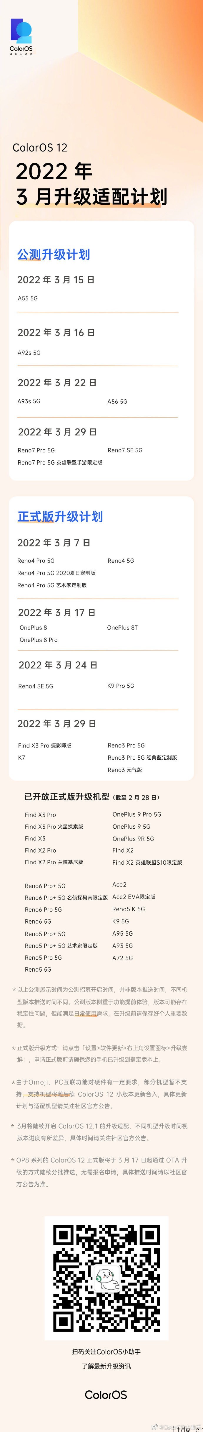 3 月份 ColorOS 12 升级适配计划公布:一加 8 