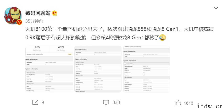 首个联发科天玑 8100 量产机跑分曝光:多核成绩击败骁龙 