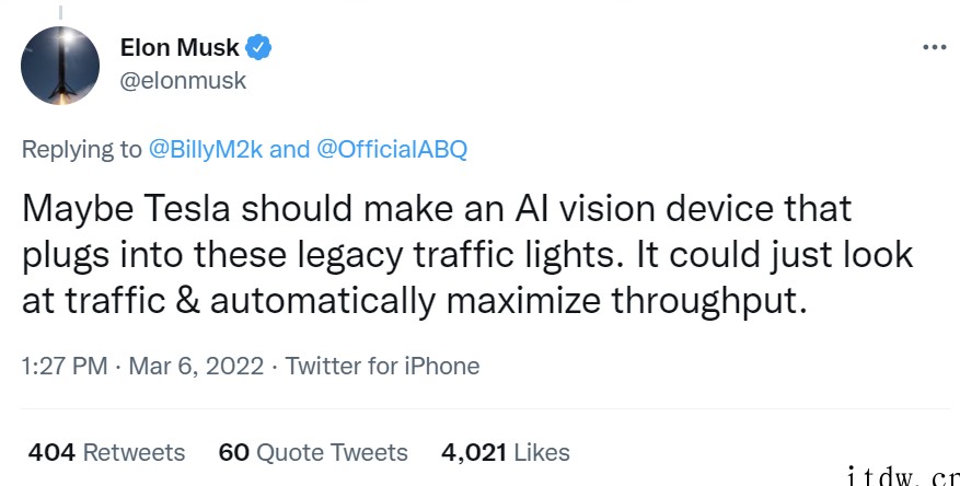 马斯克:特斯拉或许应该制造一款可以连接交通灯的 AI 视觉设