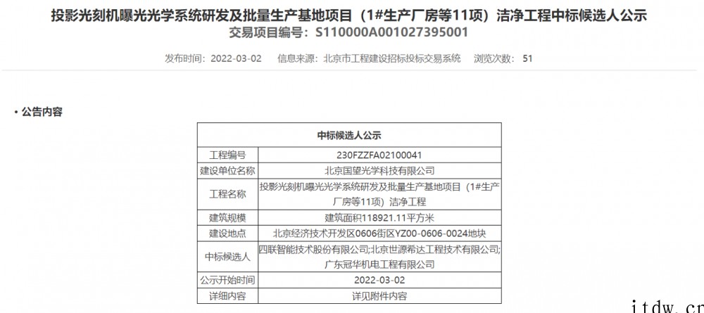 国望光学光刻机曝光系统生产基地项目获新进展,三家企业位列中标