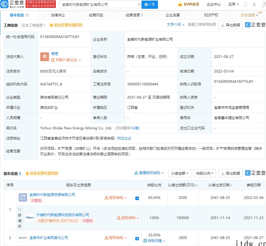 宁德时代投资一矿产开采公司,持股 65%