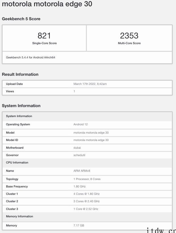 摩托罗拉 Edge 30 现身 Geekbench,搭载骁龙