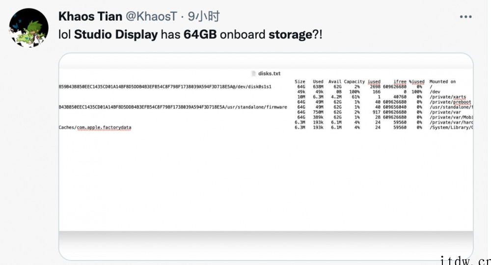 苹果 Studio Display 显示器内置 64GB 闪