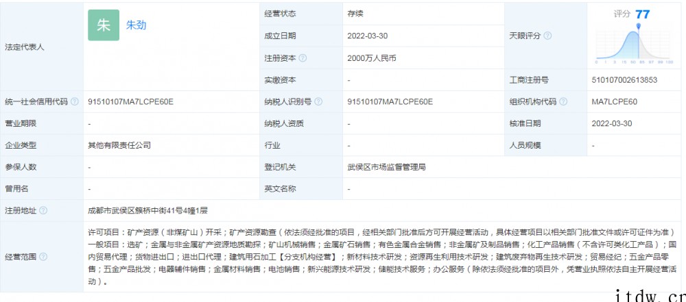 比亚迪投资成立四川路迪矿业公司,注册资本 2000 万