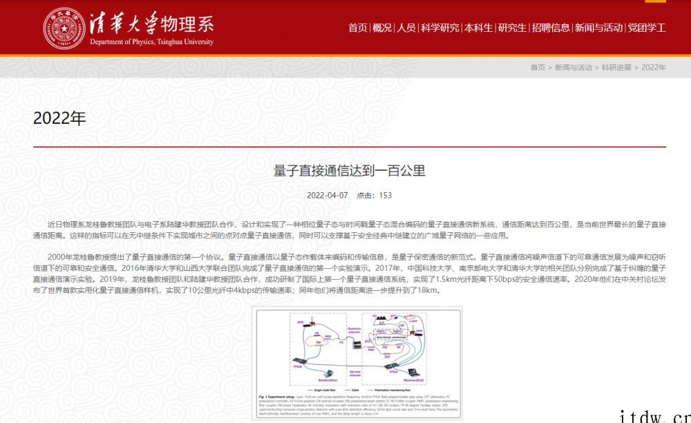 清华大学团队首次实现 100 公里量子直接通信刷新世界纪录