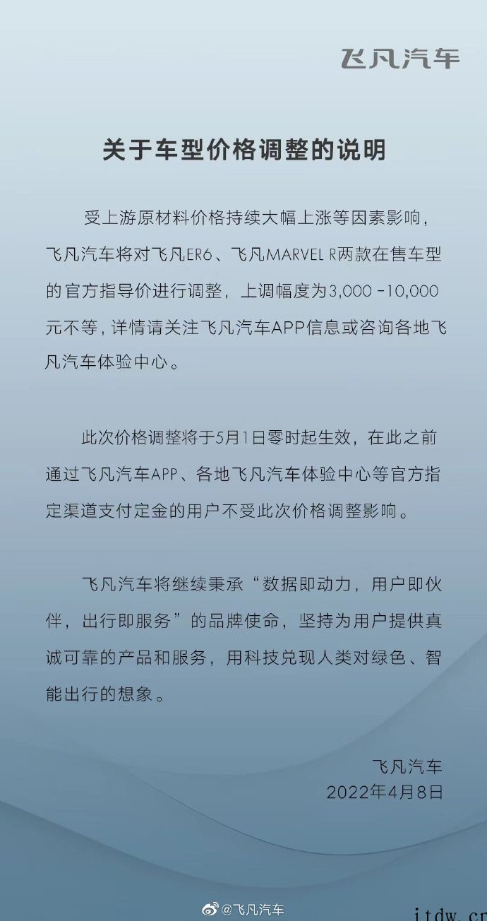 飞凡汽车调整车型价格:最高上调 1000 元,5 月 1 日
